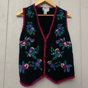 Vintage colorful floral embroidered knit sweater Teacher vest button down size M